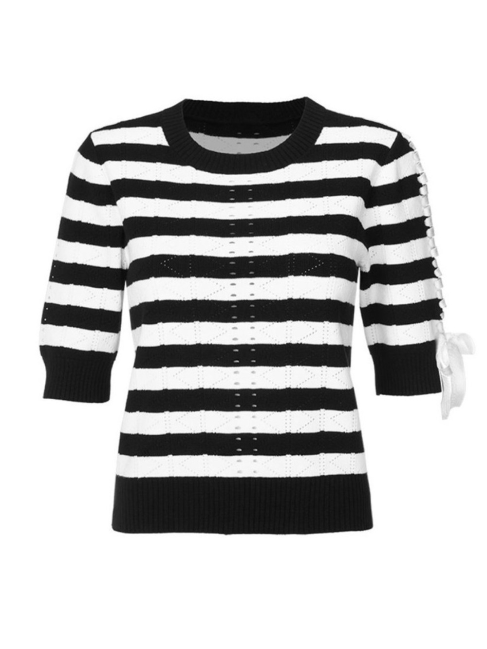 Cabi Runway Pullover style #5832 black white short sleeve lace up bow size small